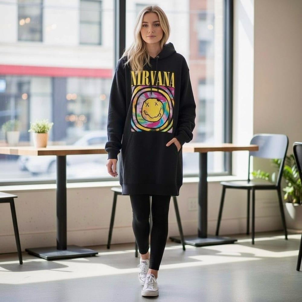 H&M Nirvana Woman’s Oversized Hooded Sweatshirt Dress in Black Size Small